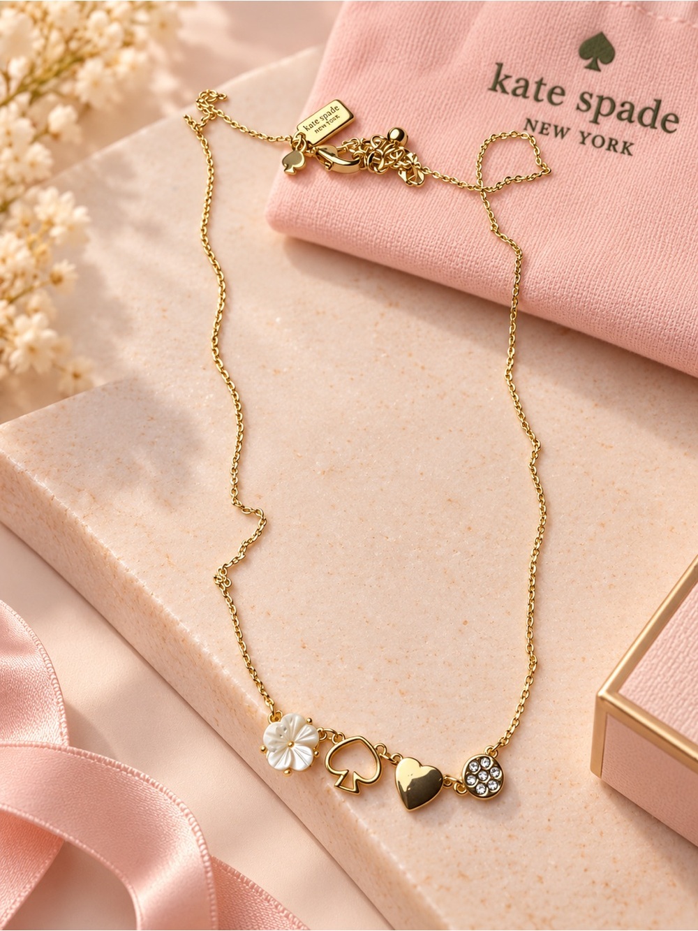 kate spade Gold Multi-Charm Necklace with Mother-of-Pearl Flower